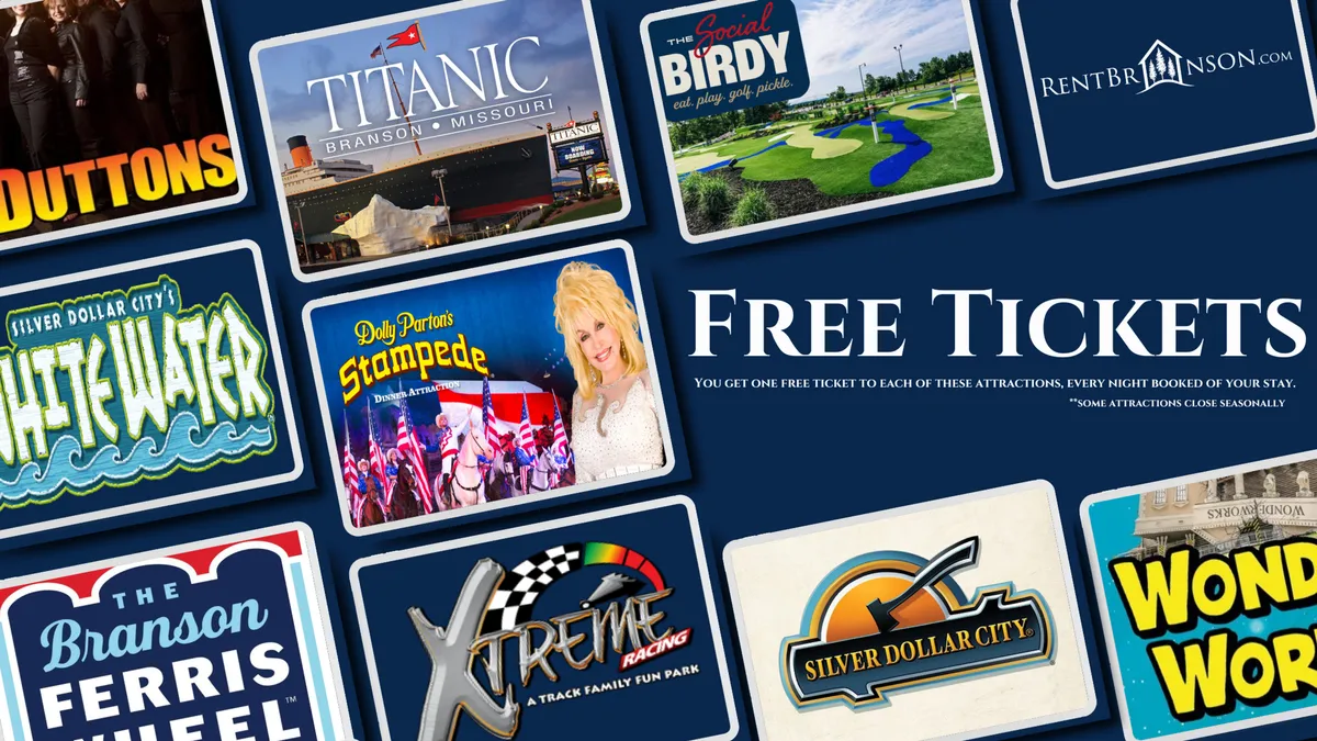 A bright, lively display of attraction tickets and colorful logos, showcasing various entertainment and cultural options available in Branson. The composition emphasizes excitement and the variety of local attractions, like music shows and museums.